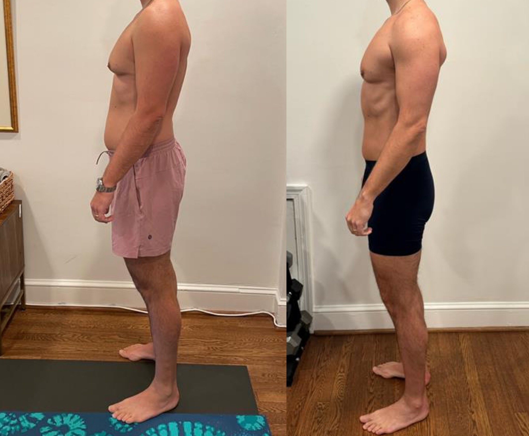 Side-by-side photos of a man before and after weight loss showing a slimmer, more toned physique.
