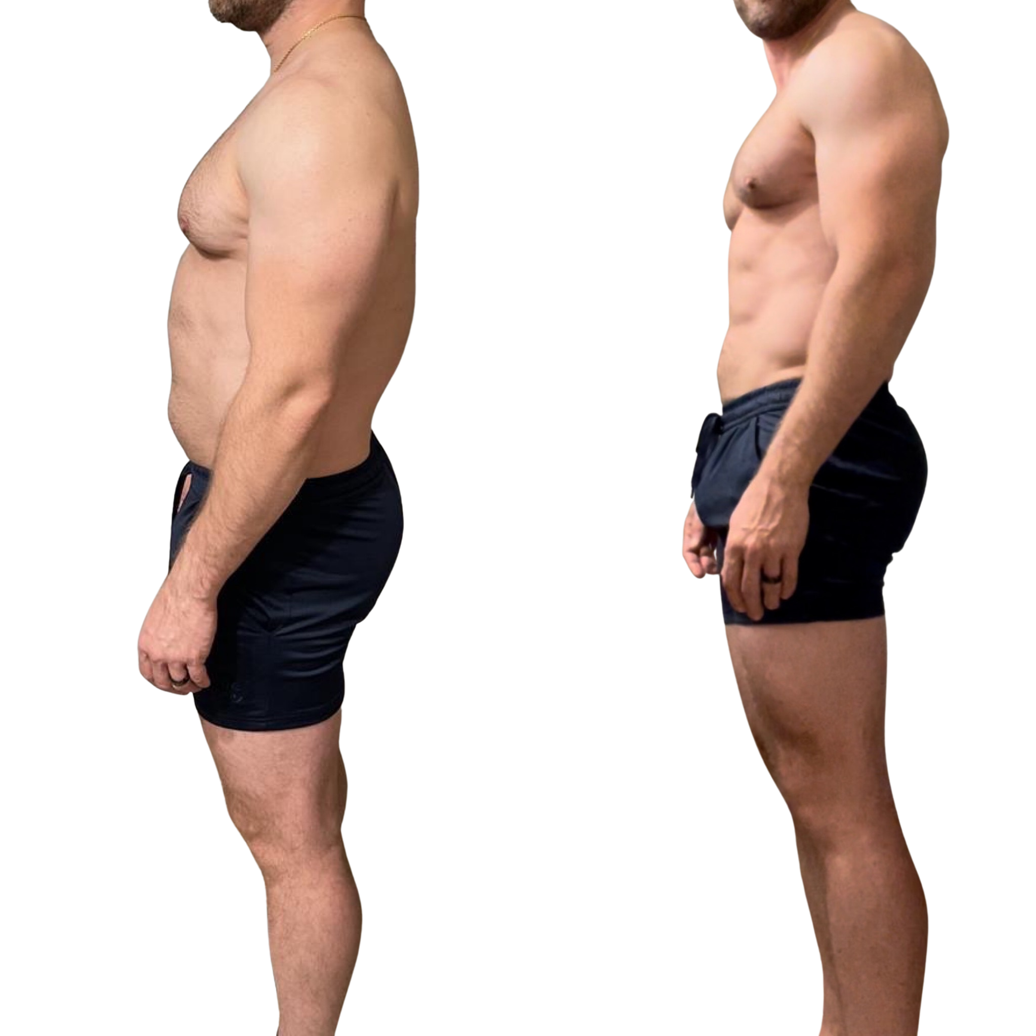 Side-by-side before and after photos of a shirtless man showing weight loss and muscle gain transformation.