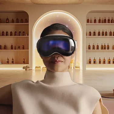 A woman in a white dress wearing a virtual headset.