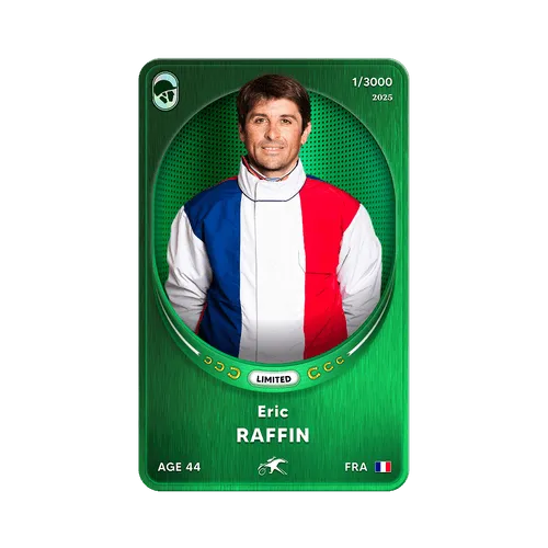 Limited edition sports card of Eric Raffin, age 44, wearing a jacket with blue, white, and red vertical stripes, representing France.