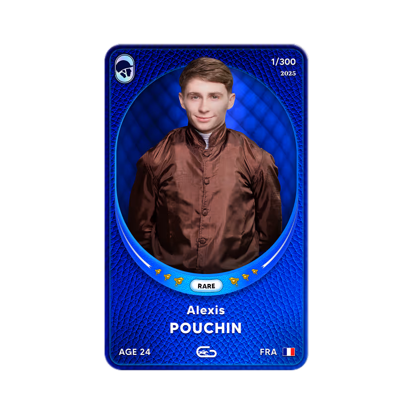 Racing card of 24-year-old jockey Alexis Pouchin from France wearing a brown jacket against a blue textured background, labeled rare, edition 1 of 300, year 2025.