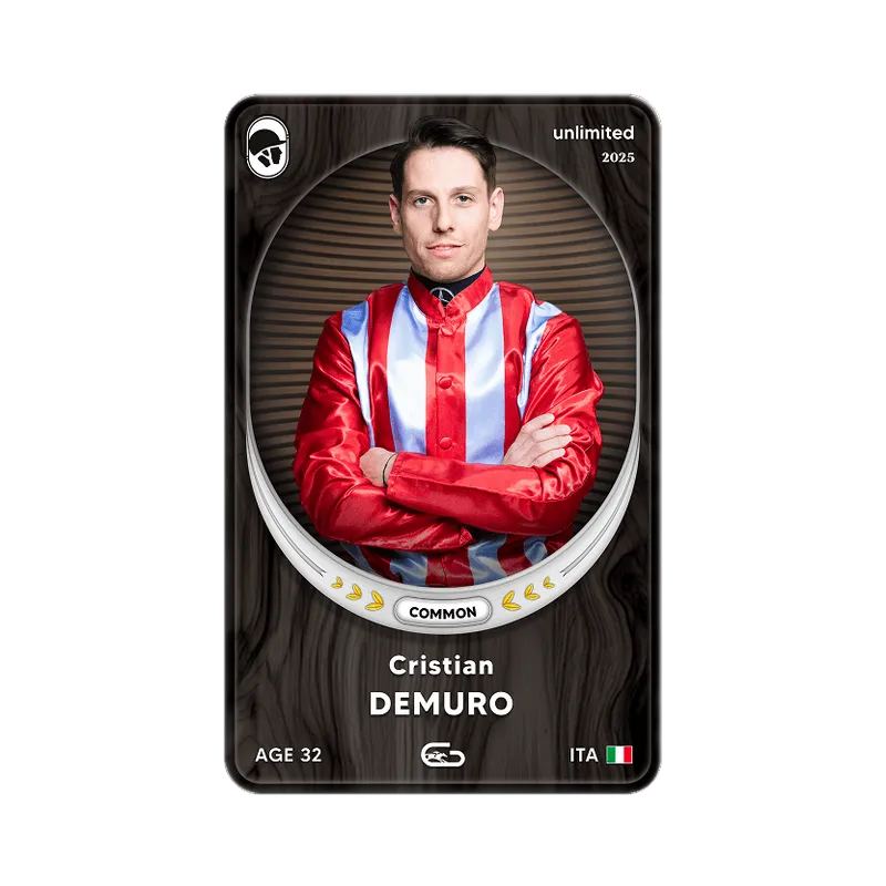 Trading card of Cristian Demuro, wearing a red and silver jockey uniform, with age 32 and Italian flag.