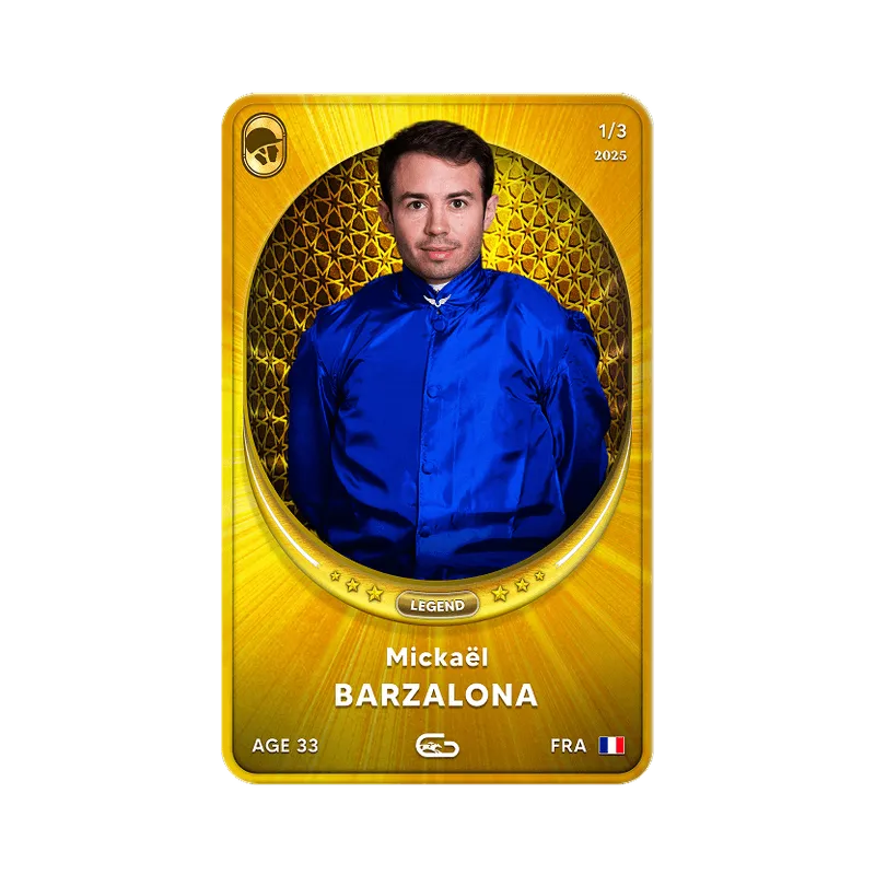 Trading card featuring Mickaël Barzalona in a blue jacket with gold patterned background and legends badge, age 33, France.