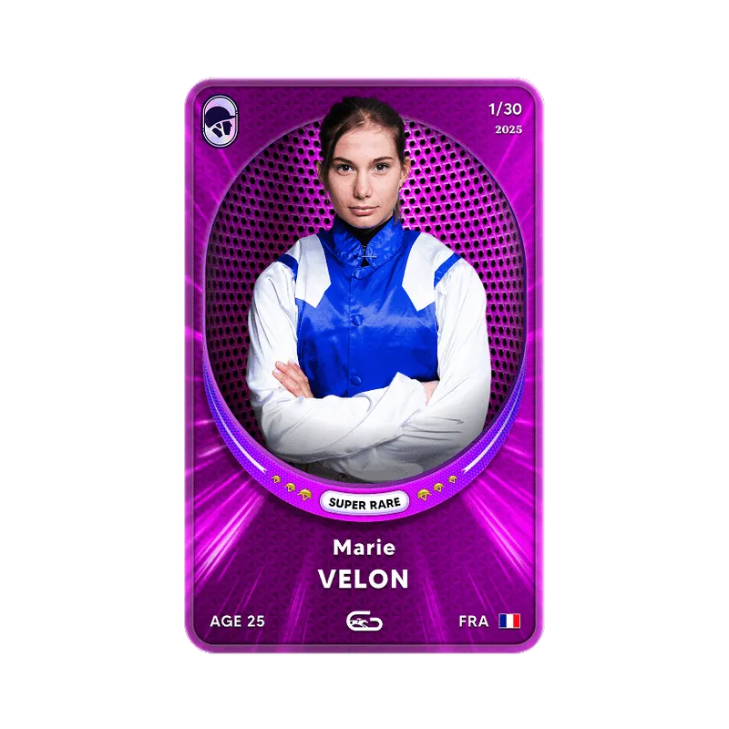 Digital trading card of Marie Velon, a 25-year-old French athlete, labeled super rare and numbered 1 out of 30 for the year 2025.