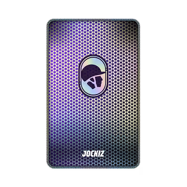 Metallic phone case with a geometric pattern, a helmet logo in the center, and the brand name JOCKIZ at the bottom.
