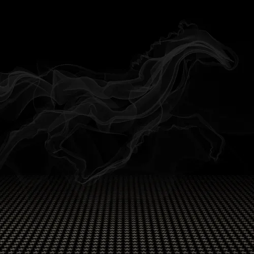 Transparent smoky outline of a running horse above a dark surface with a grid-like pattern.