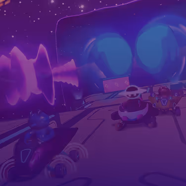 Three cartoon characters racing go-karts on a track under a starry purple sky.