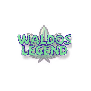 Text 'Waldos Legend' in green and blue stylized font over a green cannabis leaf graphic.