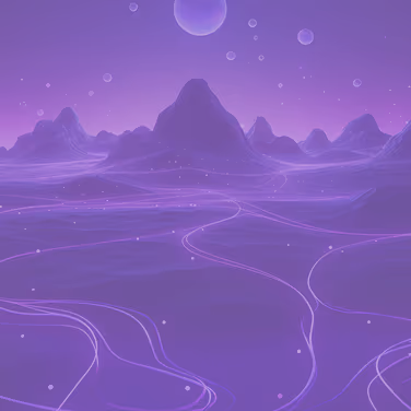 Digital landscape with purple mountain silhouettes and glowing orbs in a starry sky.