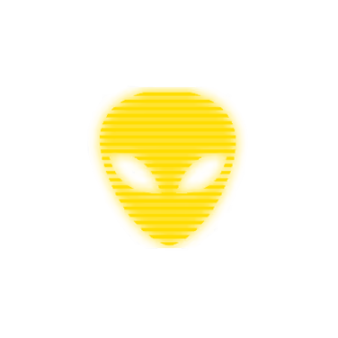 Yellow alien face icon with slanted eyes on black background.
