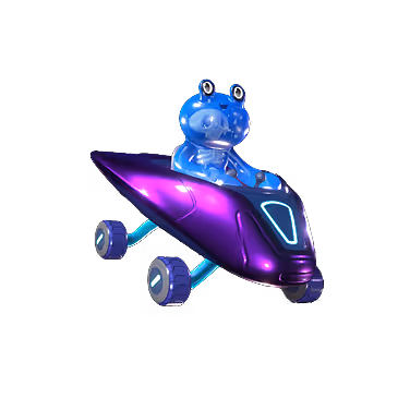 Blue cartoon alien with two antennae seated in a shiny purple futuristic vehicle with three wheels.