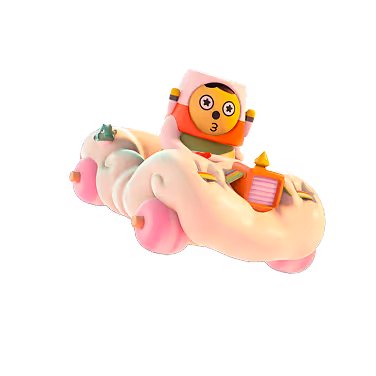 Cartoon-style pastel-colored car with a character wearing a hood driving, featuring rounded and fluffy shapes.