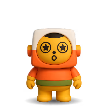 Figurine with an orange and yellow body, green belt, and a white square helmet with star-shaped eyes and a surprised expression.