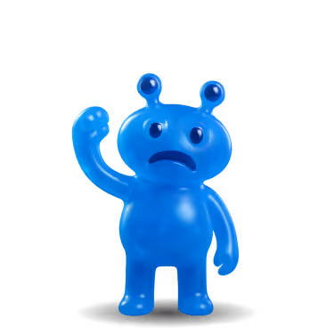 Blue cartoon alien figure with two antennae waving one arm and a sad facial expression.