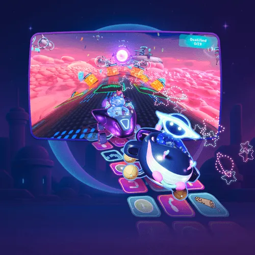 Two animated characters racing in futuristic bikes on a colorful digital track with tokens and a space-themed background.