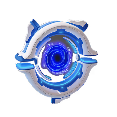 Futuristic blue and white circular device with glowing blue center resembling a portal or energy core.