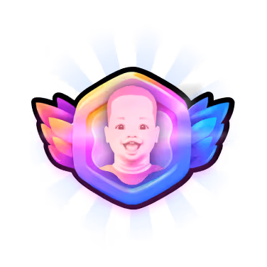 Smiling baby face inside a hexagonal badge with multicolored wings and radiant blue beams.