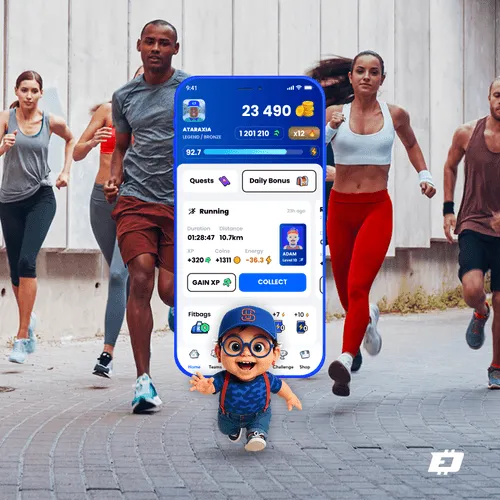 Group of runners outside with a digital running app overlay showing distance, duration, coins earned, and a cartoon avatar.