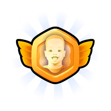 Golden hexagonal badge with a smiling baby's face in the center and orange wings on each side, surrounded by blue rays.