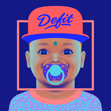 Digital illustration of a baby with a pacifier, wearing a hat labeled 'Defit' and a patterned shirt.