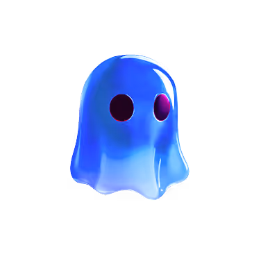 Glossy blue ghost character with large dark eyes on a transparent background.