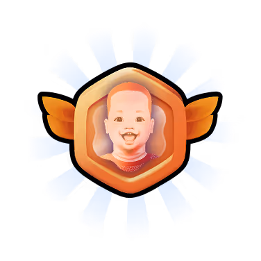 Illustration of a smiling baby’s face inside a hexagonal badge with golden wings and blue rays radiating outward.