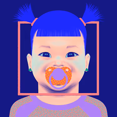 Digital illustration of a baby with blue hair in pigtails, green earrings, and a pacifier in the mouth against a dark blue background.