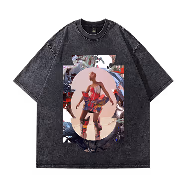 Black t-shirt featuring an abstract graphic print of a stylized person in colorful clothing against a geometric and glitch art background.