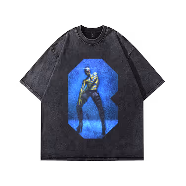 Black oversized t-shirt with a digital art print of a futuristic robotic figure in blue lighting.