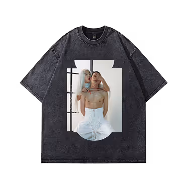 Black oversized t-shirt with a photo print of a shirtless man wearing white pants and a woman with light blue hair hugging him from behind.