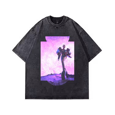 Black oversized T-shirt featuring a purple-toned graphic of a person holding a child against a sunset background.