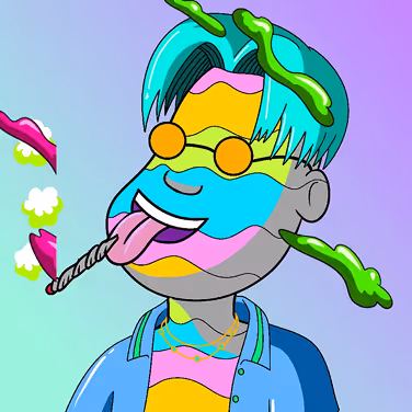 Colorful cartoon character with blue hair, wearing orange round sunglasses and a blue shirt, smoking a twisted cigarette with green slime splashes around.