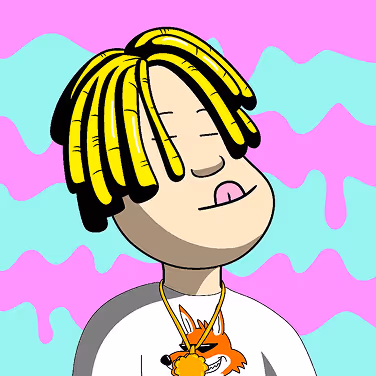 Cartoon character with yellow and black dreadlocks, eyes closed, wearing a white shirt with an orange fox design and a gold chain necklace, against a pink and turquoise wavy background.