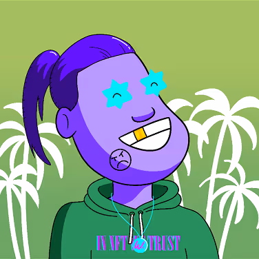 Purple-skinned cartoon character with a ponytail, star-shaped glowing eyes, gold tooth, green hoodie, and a chain necklace, standing in front of white palm trees on a green background.