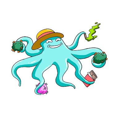 Cartoon octopus wearing a brown hat holding green bushes, a lit joint, and a book, with a pink blob on one tentacle.