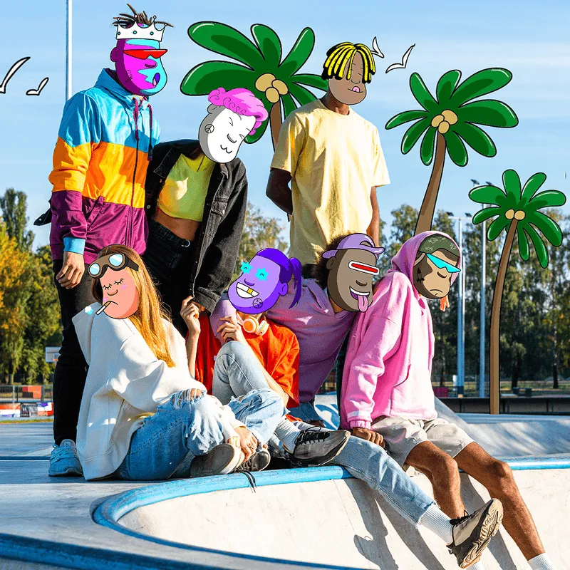 Group of six young people at a skatepark with cartoon-style digital faces and palm tree illustrations in the background.