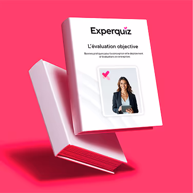 Book titled Experquiz with subtitle in French about objective evaluation and useful bases for enterprise assessment, displayed against a bright pink background.