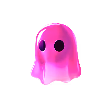 Shiny pink cartoon ghost with two black eyes on a transparent background.