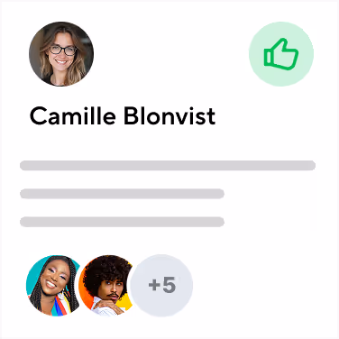 User profile card featuring a woman named Camille Blonvist with two visible friend avatars and a green thumbs-up icon.