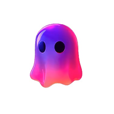 Glossy ghost-shaped figure with gradient colors from purple to pink and two black eyes on a black background.