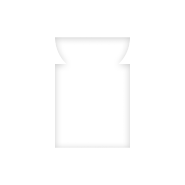 White abstract geometric shape with a square base and a concave semicircle top casting a soft shadow on black background.