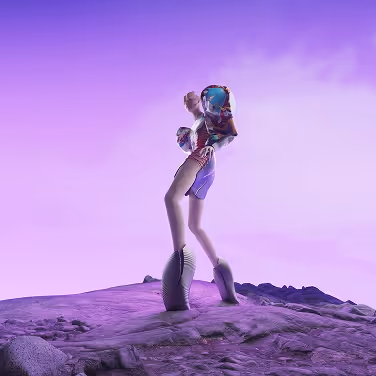 Futuristic humanoid figure with mechanical legs standing on rocky terrain under a purple sky.
