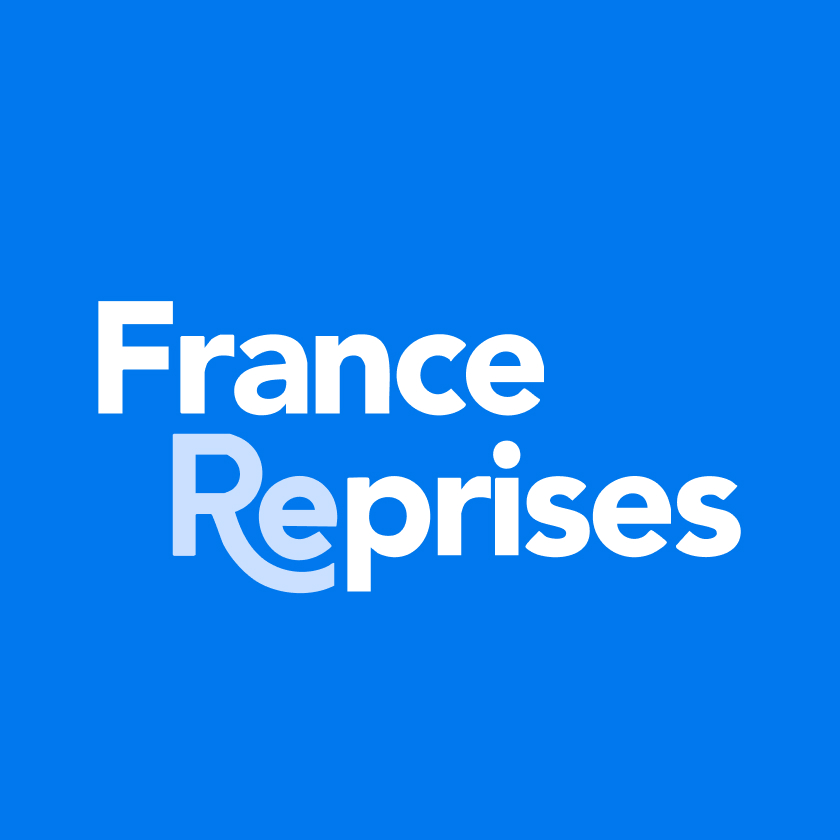 Logo with the words 'France Reprises' in white and light blue on a blue background.