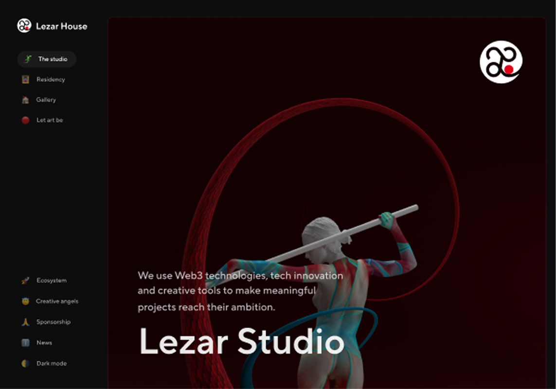 Website interface of Lezar House with a statue holding a staff and colorful swirling lines, text about Web3 technologies and Lezar Studio.