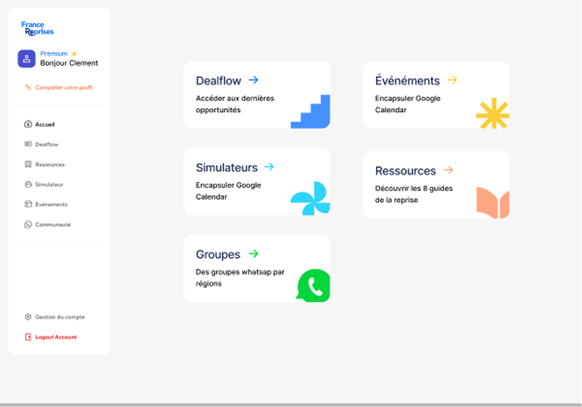 Dashboard webpage showing user Hello Clement with menu options for Dealflow, Events, Simulators, Resources, and Groups including icons for Google Calendar and WhatsApp.