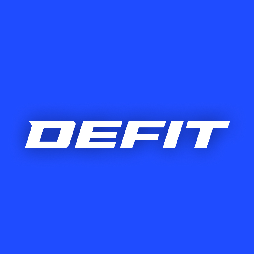 DEFIT brand logo in bold white letters on a blue background.