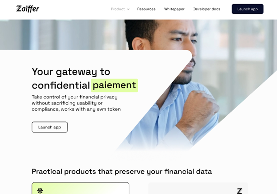 Website landing page showing a man in a blue shirt and a message about secure and confidential payment services with a Launch app button.