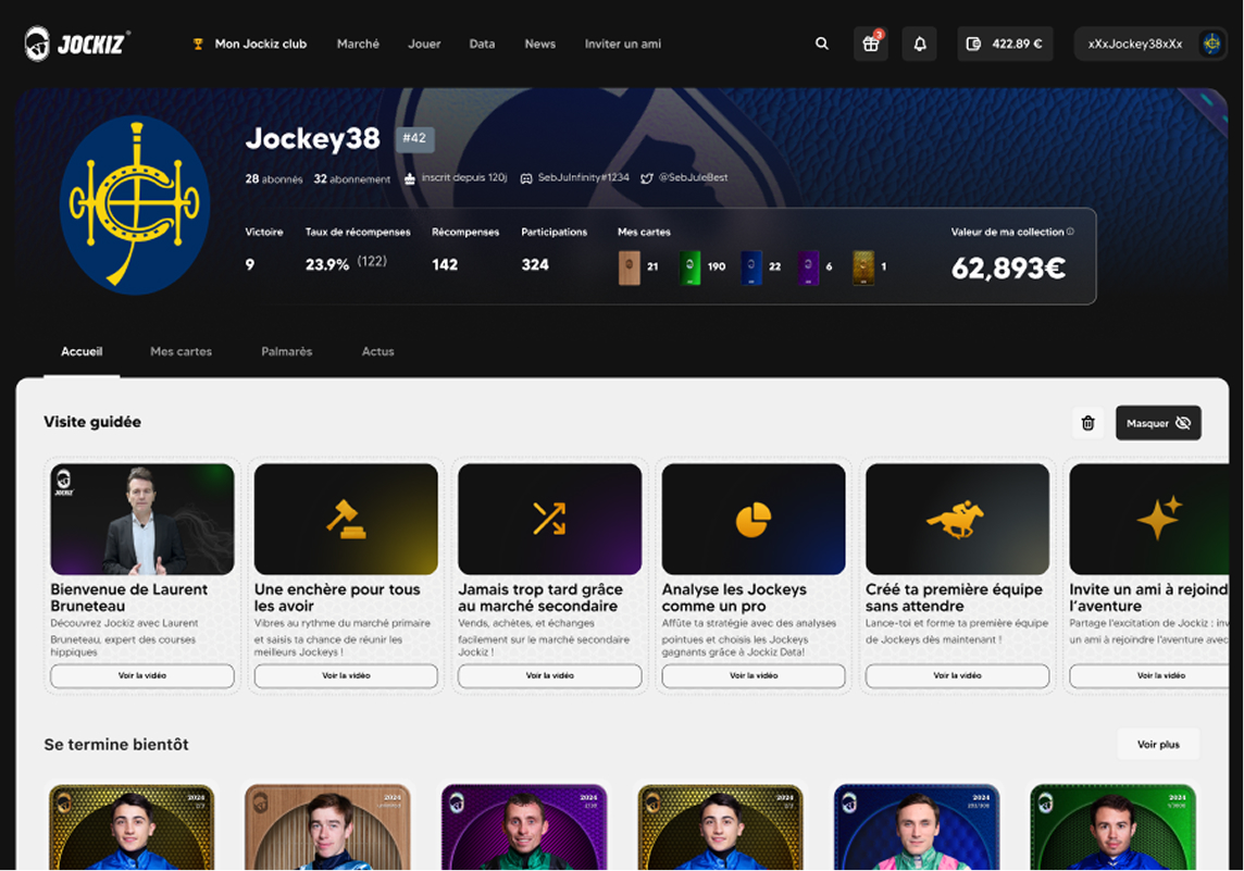 Jockiz user profile page showing stats, collection value, navigation menu, guided tour videos on horse racing, and upcoming jockey cards.