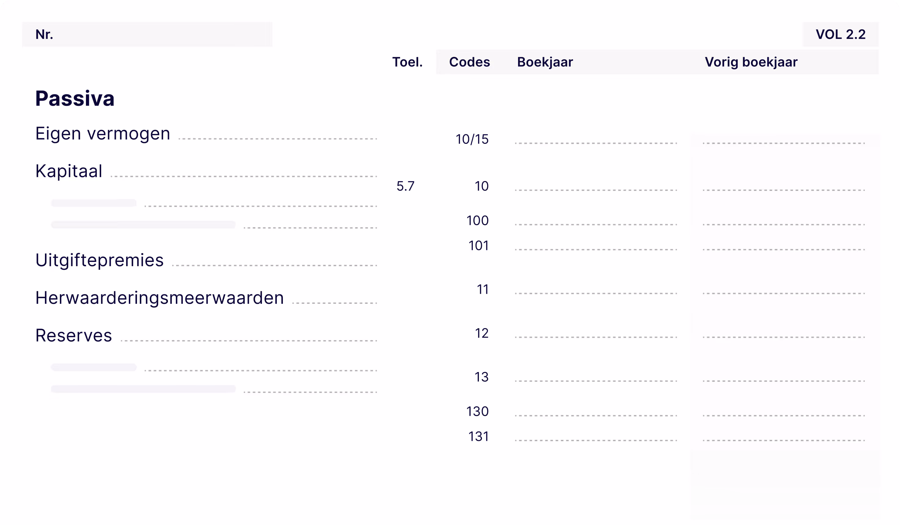 Section of a financial statement titled Passiva showing equity with items like Capital, Share premium, Revaluation reserves, and Reserves with corresponding codes and blank values for current and previous fiscal years.
