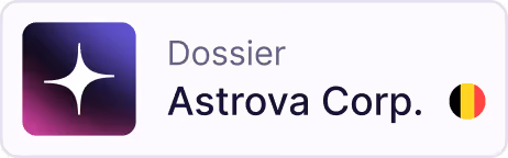 'Dossier' tab with Astrova Corp. logo and a Belgium flag.
